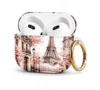 Compatible with AirPod 4 Case 2024, LNZLKING Protective Hard Shell Cover for Airpod 4th Generation, Cute Personalized Skin with Gold Ring Keychain for Women(Eiffel Tower Cherry Blossom Paris Street)