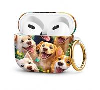 Compatible with AirPod 4 Case 2024, LNZLKING Protective Hard Shell Cover for Airpod 4th Generation, Cute Personalized Skin with Gold Ring Keychain for Women(Happy Dogs Butterfly Flowers)
