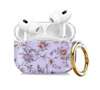 Compatible with AirPod Pro 2nd//1st Generation Case Cover with Gold Keychain,Full Protective Shockproof Wireless Headphone Case for Airpod Pro 2023/2022/2019（Purple Flowers）