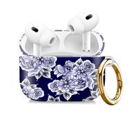 Compatible with AirPod Pro 2nd//1st Generation Case Cover with Gold Keychain,Full Protective Shockproof Wireless Headphone Case for Airpod Pro 2023/2022/2019（Dark Blue Rose）