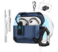 Compatible with AirPods 4 Generation Case Cover with Cleaner Kit and Beer Opener Keychain, with Phone Holder Function, Automatic Snap Switch Secure for Charging Case (Dark Blue)