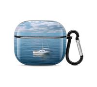 Compatible with AirPods Case Cover White Boat on Blue Sea Full Protective Headphone Cover Compatible for Airpods 3rd,Supports Wireless Charging with Carabiner Front LED Visible