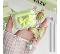 Compatible with AirPods Pro 2/1 Clear Case Cute, 3D Bow Pattern Desiged iPods Pro 2 Cases with Butterfly Keychain, Soft TPU Protective Case and Cleanner Kit for Airpod Pro for Girls Women Green