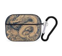Compatible with Airpods Pro 2nd/1st Generation Case Cover,Blue Oriental Dragon Printed Apple AirPods Pro 2 Case with Carabiner,Drop Protection Scratch And Dust Resistant,Front LED Lights Visible
