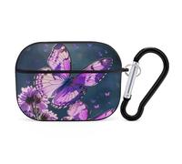 Compatible with Airpods Pro 2nd/1st Generation Case Cover,Lovely Purple Butterflys Printed Apple AirPods Pro 2 Case with Carabiner,Drop Protection Scratch And Dust Resistant,Front LED Lights Visible