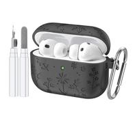 Compatible with AirPods Pro 3 Case 2025, Flower Engraved Cute Silicone Protective Case Cover for Airpods Pro 3rd Generation with Cleaner Kit and Carabiner for Women Girls - Black