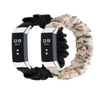 Compatible with Fitbit Charge 2 Scrunchie Bands Elastic Watch Strap for Women Large Small Stretchy Cute Fabric Adjustable Wristband Scrunchy Bracelet (Black/Flesh flower, Large)