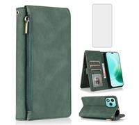 Compatible with Honor 400 Lite 5G /X70i 6.7-Inch Wallet Case Screen Protector and Zipper Retro Leather Flip Cover Card Holder Stand Cell Accessories for Honor400 400Lite ABR-NX1 ABR-N31C1 Green