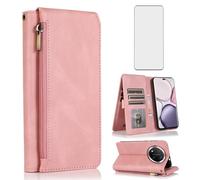 Compatible with Honor Magic7 Lite/Magic 7 Lite/X9C/X60 Pro Wallet Case Tempered Glass Screen Protector Zipper Retro Leather Flip Cover Card Holder Stand Cell Accessories for 7Lite HonorX9C Pink