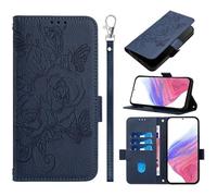 Compatible with Honor Magic8 Pro Air Wallet Case with 3 Card Slots Kickstand RFID Blocking PU Leather Flip Cover Wrist Strap Embossed Rose Design for Daily Business Travel Use Women(Navy Blue)