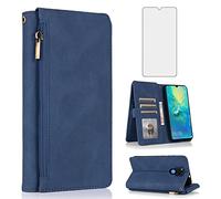 Compatible with Huawei Mate 20 X 5G Wallet Case Tempered Glass Screen Protector Zipper Retro Leather Flip Cover Card Holder Stand Cell Accessories Phone Cases for Mate20X 20X 7.2 inch Women Men Blue