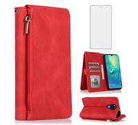 Compatible with Huawei Mate 20 X 5G Wallet Case Tempered Glass Screen Protector Zipper Retro Leather Flip Cover Card Holder Stand Cell Accessories Phone Cases for Mate20X 20X 7.2 inch Women Men Red