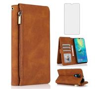 Compatible with Huawei Mate 20 X 5G Wallet Case Tempered Glass Screen Protector Zipper Retro Leather Flip Cover Card Holder Stand Cell Accessories Phone Cases for Mate20X 20X 7.2 inch Women Men Brown