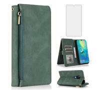 Compatible with Huawei Mate 20 X 5G Wallet Case Tempered Glass Screen Protector Zipper Retro Leather Flip Cover Card Holder Stand Cell Accessories Phone Cases for Mate20X 20X 7.2 inch Women Men Green