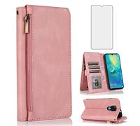 Compatible with Huawei Mate 20 X 5G Wallet Case Tempered Glass Screen Protector Zipper Retro Leather Flip Cover Card Holder Stand Cell Accessories Phone Cases for Mate20X 20X 7.2 inch Women Rose Gold