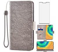 Compatible with Huawei Mate 30 Pro Wallet Case and Tempered Glass Screen Protector Card Holder Stand Magnetic Phone Cover for Hawaii Mate30Pro 5G Mate30 RS Porsche Design 30Pro G5 Women Men Grey