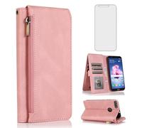 Compatible with Huawei P Smart 2017/Enioy 7S/Honor 9 Lite/9N/9i Wallet Case Tempered Glass Screen Protector and Zipper Leather Flip Cover Card Holder Stand Cell for Hawaii PSmart 2018 Women Rose Gold