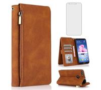 Compatible with Huawei P Smart 2017/Enioy 7S/Honor 9 Lite/9N/9i Wallet Case Tempered Glass Screen Protector and Zipper Leather Flip Cover Card Holder Stand Cell for Hawaii PSmart 2018 Women Men Brown