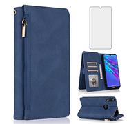 Compatible with Huawei Y6 2019/Y6 Prime 2019/Y6s/Honor Play 8A/Honor8A Wallet Case Tempered Glass Screen Protector Zipper Leather Flip Cover Card Holder Phone Cases for Hawaii 6Y Pro Women Men Blue