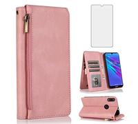 Compatible with Huawei Y6 2019/Y6 Prime 2019/Y6s/Honor Play 8A/Honor8A Wallet Case Tempered Glass Screen Protector Zipper Leather Flip Cover Card Holder Phone Cases for Hawaii 6Y Pro Women Rose Gold