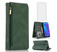 Compatible with Huawei Y6 2019/Y6 Prime 2019/Y6s/Honor Play 8A/Honor8A Wallet Case Tempered Glass Screen Protector Zipper Leather Flip Cover Card Holder Phone Cases for Hawaii 6Y Pro Women Men Green