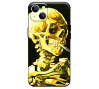 Compatible with iPhone 13 Mini Case Premium Silicone Cover Patterns Cute Design Black Painting Famous Come with Screen Protector (Vincent Van Gogh-Skeleton Skull Smoking a Cigarette)