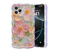 Compatible with iPhone 13 Pro Max Case, Shockproof Drop Protection i Phone 13 Pro Max Case, Cute Curly Wave Border Phone Case i Phone 13ProMax with Colorful Retro Oil Painting Flower for Women