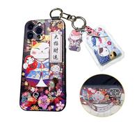 Compatible with iPhone 13 Pro Max Case with Phone Lanyard, 6.7 inch Cute Japanese Lucky Cat Design, Glitter Luxury Soft Silicone 3D Emboss Phone Case with Wrist Strap (iPhone 13 Pro Max, Black)