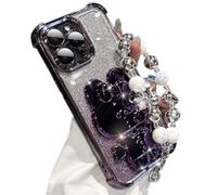Compatible with iPhone 15 Pro Max Case with Pearl Bracelet Chain,3D Cute Cartoon Rabbit Makeup Mirror Holder Bling Glitter Cover Electroplate Bumper Transparent Lens Film Women