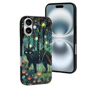 Compatible with iPhone 16 Case, Mystical Black Cat Fireflies Resists Scratches Cute Phone Case Compatible with iPhone 16 Cases for Women and Men