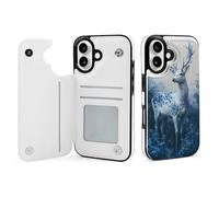 Compatible with iPhone 16 Case Wallet - Cute Majestic Blue Flower Deer Case Compatible with iPhone 16 Phone Case, Compatible with iPhone 16 Leather Case with Card Holder for Women Men