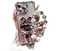Compatible with iPhone 16 Pro Max Case with Pearl Bracelet Chain,3D Cute Cartoon Rabbit Makeup Mirror Holder Bling Glitter Cover Electroplate Bumper Transparent Lens Film Women