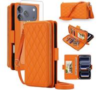 Compatible with iPhone 17 Pro 6.3 inch Wallet Case Zipper RFID Blocking and Screen Protector Crossbody Lanyard Strap Flip Card Holder Slots i Phone17 i17 17Pro Phone Cover for Women Men Orange