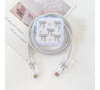 Compatible with iPhone 40W Charger Cover Cute Bow Tie, Lovely Charging Cord Protector for Apple Type C Cable, Woman Clear Wavy Case for iPhone Dynamic USB-C Power Adapter, Silver Bow