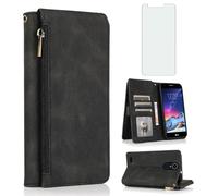 Compatible with LG K8 2017 M200N/LG Aristo 1/Phoenix 3/Risio 2/Rebel 2 LTE Wallet Case Screen Protector Zipper Retro Leather Flip Cover Card Holder Stand Cell for K4/Fortune/LV3 MS210 Women Men Black