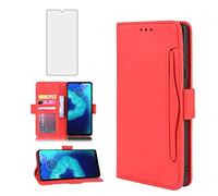 Compatible with Moto G8 Power Lite Wallet Case and Tempered Glass Screen Protector Card Holder Stand Leather Flip Phone Cover for MotoG8PowerLite Motorola 8 8G PowerLite XT2055-2 Women Men Red