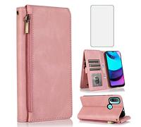 Compatible with Motorola Moto E20/E30/E40 Wallet Case Tempered Glass Screen Protector and Zipper Leather Flip Cover Card Holder Stand Cell Accessories for MotoE20 MotoE30 MotoE40 XT2155 Women Pink