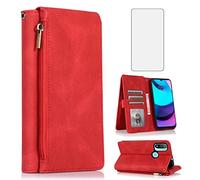 Compatible with Motorola Moto E20/E30/E40 Wallet Case Tempered Glass Screen Protector Zipper Leather Flip Cover Card Holder Stand Cell Accessories for MotoE20 MotoE30 MotoE40 XT2155 Women Men Red