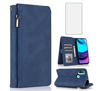 Compatible with Motorola Moto E20/E30/E40 Wallet Case Tempered Glass Screen Protector Zipper Leather Flip Cover Card Holder Stand Cell Accessories for MotoE20 MotoE30 MotoE40 XT2155 Women Men Blue