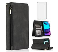 Compatible with Motorola Moto E20/E30/E40 Wallet Case Tempered Glass Screen Protector Zipper Leather Flip Cover Card Holder Stand Cell Accessories for MotoE20 MotoE30 MotoE40 XT2155 Women Men Black