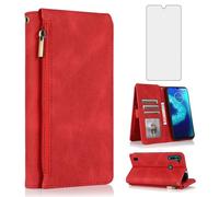 Compatible with Motorola Moto G8 Power Lite Wallet Case Tempered Glass Screen Protector Zipper Retro Leather Flip Cover Card Holder Stand Cell for MotoG8PowerLite PowerLite XT2055-2 Women Men Red