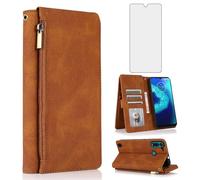 Compatible with Motorola Moto G8 Power Lite Wallet Case Tempered Glass Screen Protector Zipper Retro Leather Flip Cover Card Holder Stand Cell for MotoG8PowerLite PowerLite XT2055-2 Women Men Brown