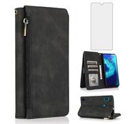 Compatible with Motorola Moto G8 Power Lite Wallet Case Tempered Glass Screen Protector Zipper Retro Leather Flip Cover Card Holder Stand Cell for MotoG8PowerLite PowerLite XT2055-2 Women Men Black