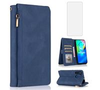 Compatible with Motorola Moto G8 Power Wallet Case Tempered Glass Screen Protector Zipper Retro Leather Flip Cover Card Holder Stand Cell for MotoG8Power G8Power XT2041-1 XT2041-3 2020 Women Men Blue