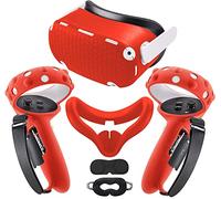 Compatible with Oculus Quest 2 Accessories | Lengthening Controller Grip Cover with Battery Opening | VR Shell Cover | Silicone face Cover | Protective Lens Cover (Red)