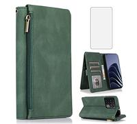 Compatible with OnePlus 10 Pro One Plus 10Pro 5G Wallet Case Tempered Glass Screen Protector Zipper Leather Flip Cover Card Holder Stand Accessories for On 1Plus 1 + Plus10 1+ Pro Ten Women Men Green