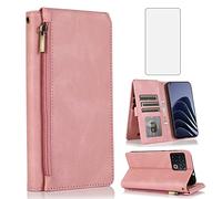 Compatible with OnePlus 10 Pro One Plus 10Pro 5G Wallet Case Tempered Glass Screen Protector Zipper Leather Flip Cover Card Holder Stand Accessories for On 1Plus 1 + Plus10 1+ Pro Ten Women Rose Gold