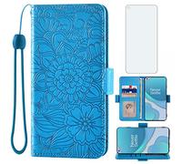 Compatible with OnePlus 9 OnePlus9 5G Wallet Case and Tempered Glass Screen Protector Card Holder Stand Magnetic Leather Phone Cover for One Plus9 On 1 Plus 1plus One+ 1+ 1+9 Nine Women Men Blue