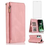Compatible with OnePlus Nord 3 5G Wallet Case Tempered Glass Screen Protector and Zipper Leather Flip Cover Card Holder Stand for One Plus On 1 Plus 1plus One+ 1+ Nord3 CPH2493 CPH2491 Women Rose Gold