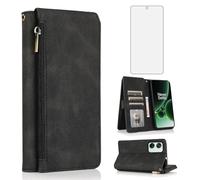 Compatible with OnePlus Nord 3 5G Wallet Case Tempered Glass Screen Protector and Zipper Leather Flip Cover Card Holder Stand for One Plus On 1 Plus 1plus One+ 1+ Nord3 CPH2493 CPH2491 Women Men Black